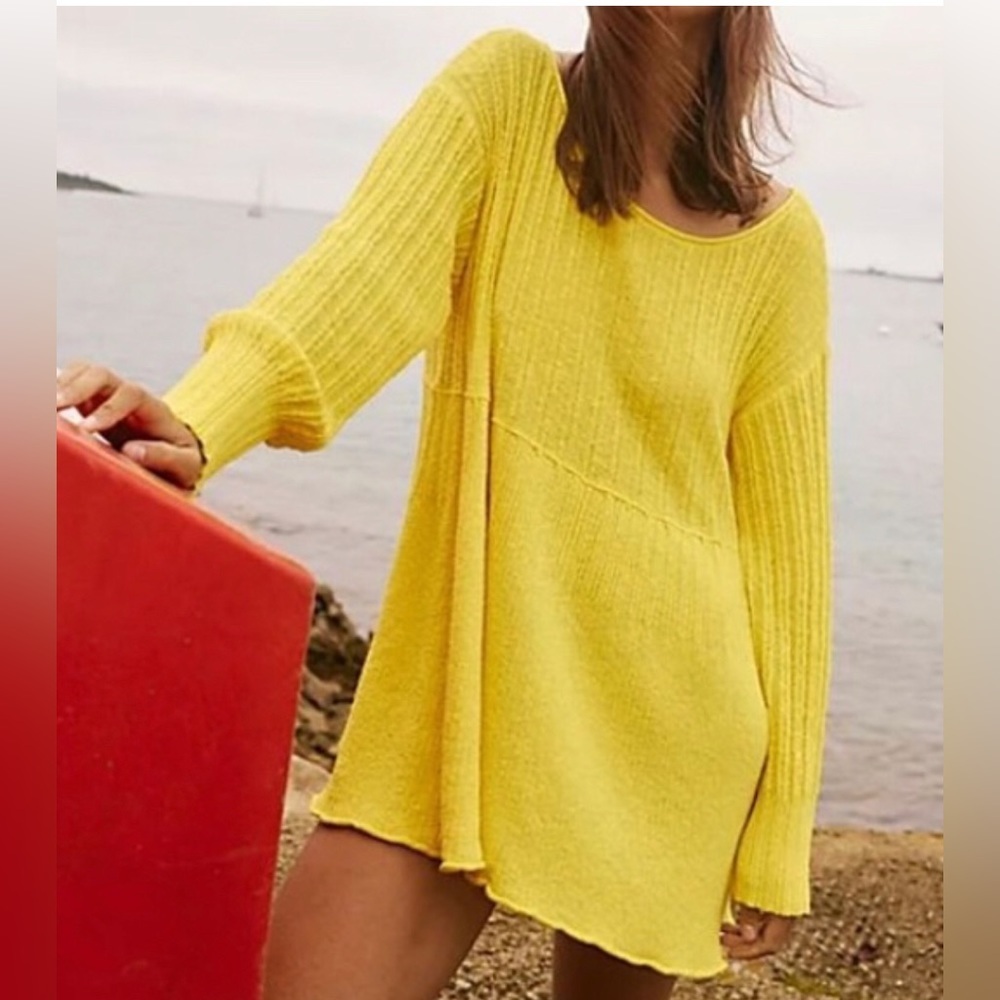 Free People FP Beach Yellow stretch Ribbed Baby Doll Sweater dress size medium
